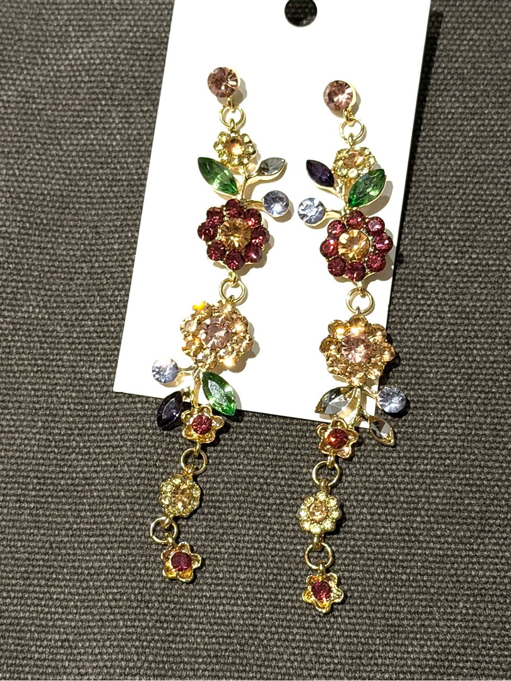 Gold-Tone Floral Drop Earrings with Pink & Green Crystals